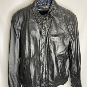 Bermans Black Motorcycle Leather Bomber Jacket With Liner Mens 42L